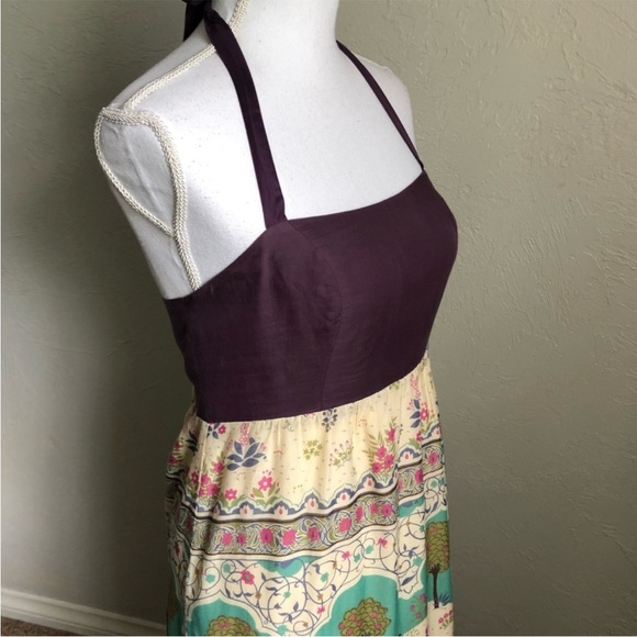 Anthropologie Maeve Silk Halter Dress 4 Purple Cream Green - Picture 2 of 8